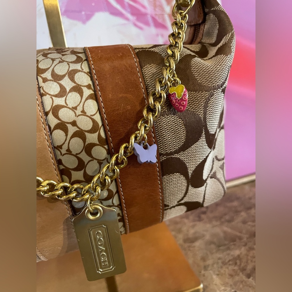 COACH Vintage Signature C Brown Mini Bag W/Tassel Upcycled Junk Gypsea Bag Chain - Picture 6 of 17